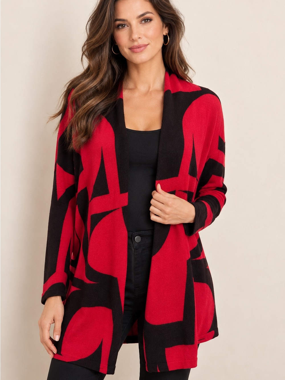 Chico's Red and Black Geometric Open-Front Cardigan